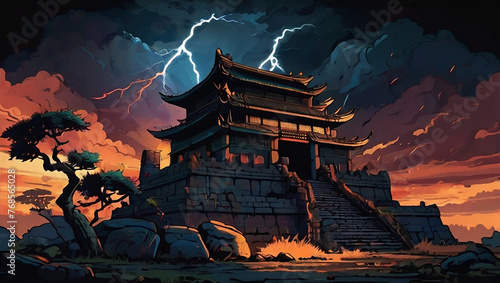 Temple ruins in an ancient asia citys Illustration photo