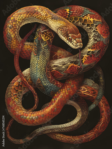 A detailed painting of a snake displayed on a black background, Generative AI