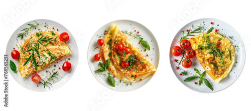 Gourmet omelette with fresh herbs cherry tomatoe and cheese in plate top view on transparent background. Generative AI.