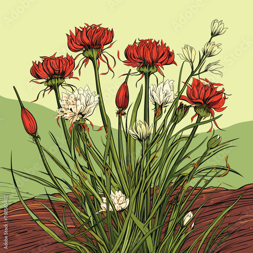 A vibrant sketch of garlic bulbs with red stems, nestled among green leaves photo