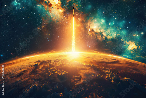 Generative ai on theme of beautiful space rocket in sky, bright meteorites glow in atmosphere