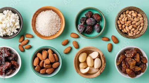 A collection of Sephardic Charoset ingredients including dates, figs, and almonds, isolated on a mint background 