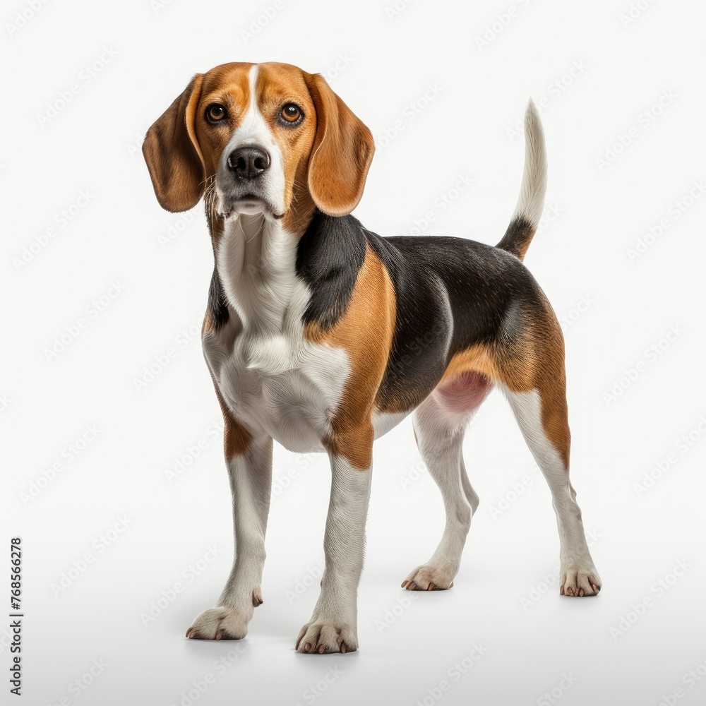 Adorable purebred beagle dog posing attentively in a bright studio setting  with a clean white background