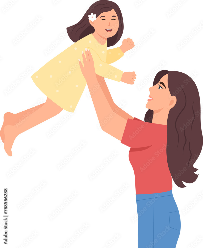 Happy mother with daughter. Mom lifting up her child. Vector illustration on white background Happy mother with daughter. Mom lifting up her child. Vector illustration on white background