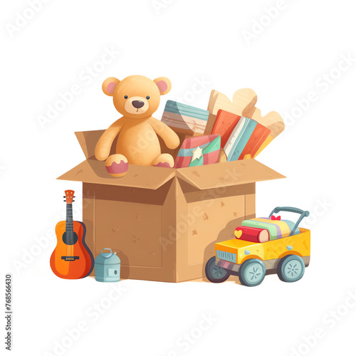 A cardboard box filled with children's toys such as teddy bears, books and toy cars sits on a plain black backgroun