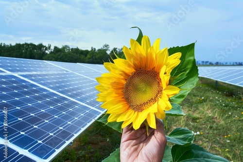 hand holding sunflower in front of a field of solar panels