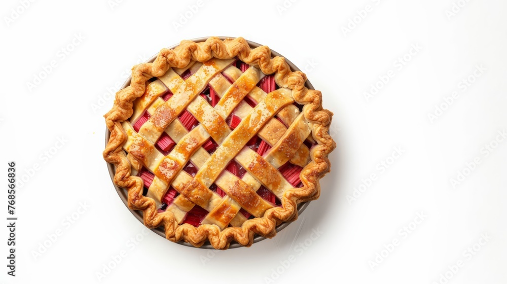 A homemade rhubarb pie in the process of being prepared, isolated on a white background 