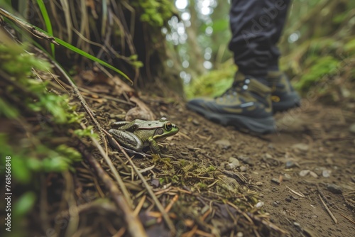 hiker discovering a camouflaged frog on a trail