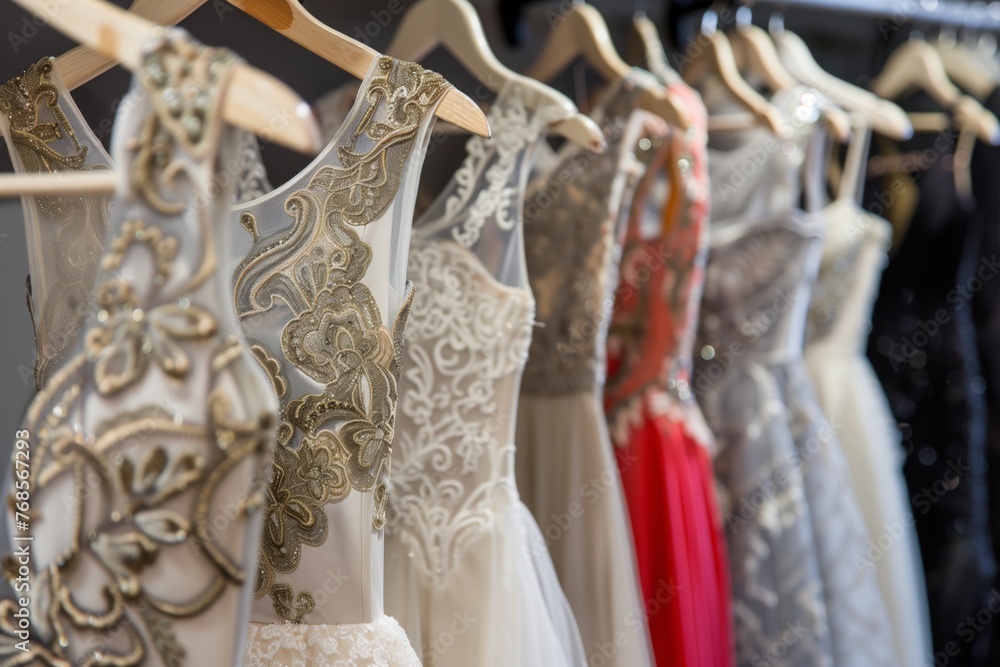 dresses with intricate back designs on a boutique rack