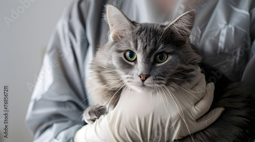 The veterinarian in white rubber gloves holding a gray domestic cat in her arms © john