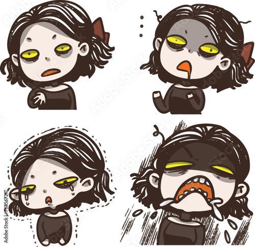 Drama queen black lady. She is having her monthly period. Angry girl character vector design set. Hand drawn in various poses. 