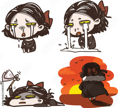 Drama queen black lady. She is having her monthly period. Angry girl character vector design set. Hand drawn in various poses. 