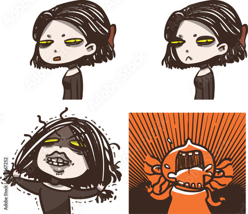 Drama queen black lady. She is having her monthly period. Angry girl character vector design set. Hand drawn in various poses. 