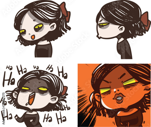 Drama queen black lady. She is having her monthly period. Angry girl character vector design set. Hand drawn in various poses. 