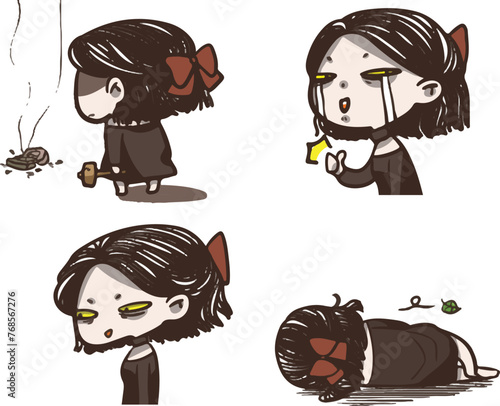 Drama queen black lady. She is having her monthly period. Angry girl character vector design set. Hand drawn in various poses. 