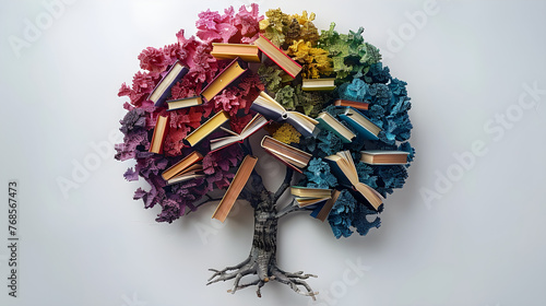 A tree with colorful books as leaves symbolizing the concept of literacy, education, and knowledge, perfect for International Literacy Day celebration and educational promotions.