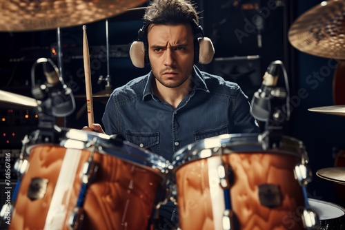 portrait of a drummer wearing earmuffs in studio © studioworkstock