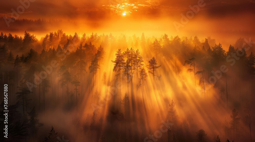 A breathtaking view of the sun rising over a dense pine forest with the fog creating magical light rays