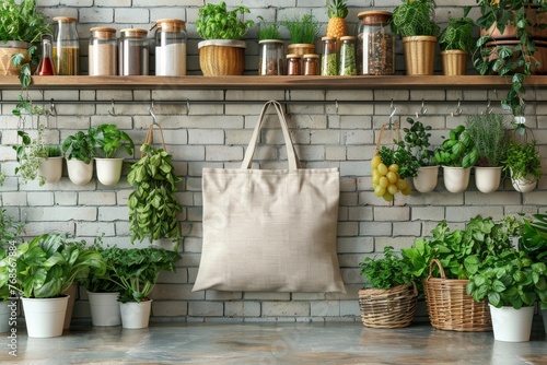 Mockup of a blank eco canvas tote bag on kitchen © Yulia Furman