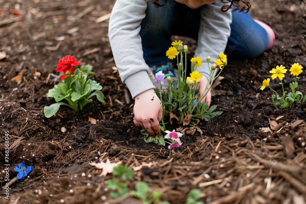 child planting flowers in a mulched school garden child planting flowers in a mulched school garden