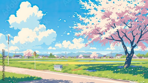 桜の木のある田舎の景色