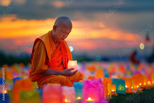Buddhist monk meticulously arranging colorful lanterns under a serene twilight sky symbolizing Vesak Days reverential celebration 