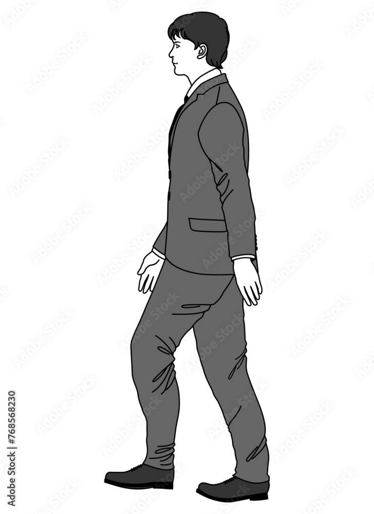 歩いているスーツ姿の男性サラリーマンの全身横向きのイラスト