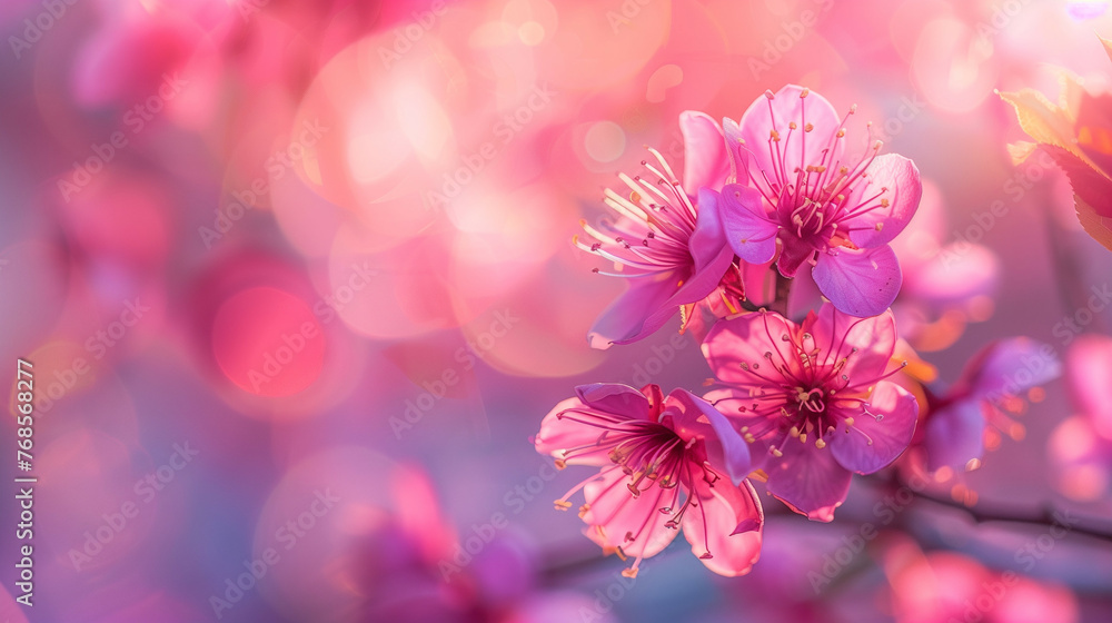 Close-up of vibrant plum blossoms with a blurred background, providing ample empty space for text 