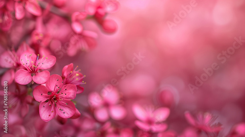 Close-up of vibrant plum blossoms with a blurred background, providing ample empty space for text © fotogurmespb