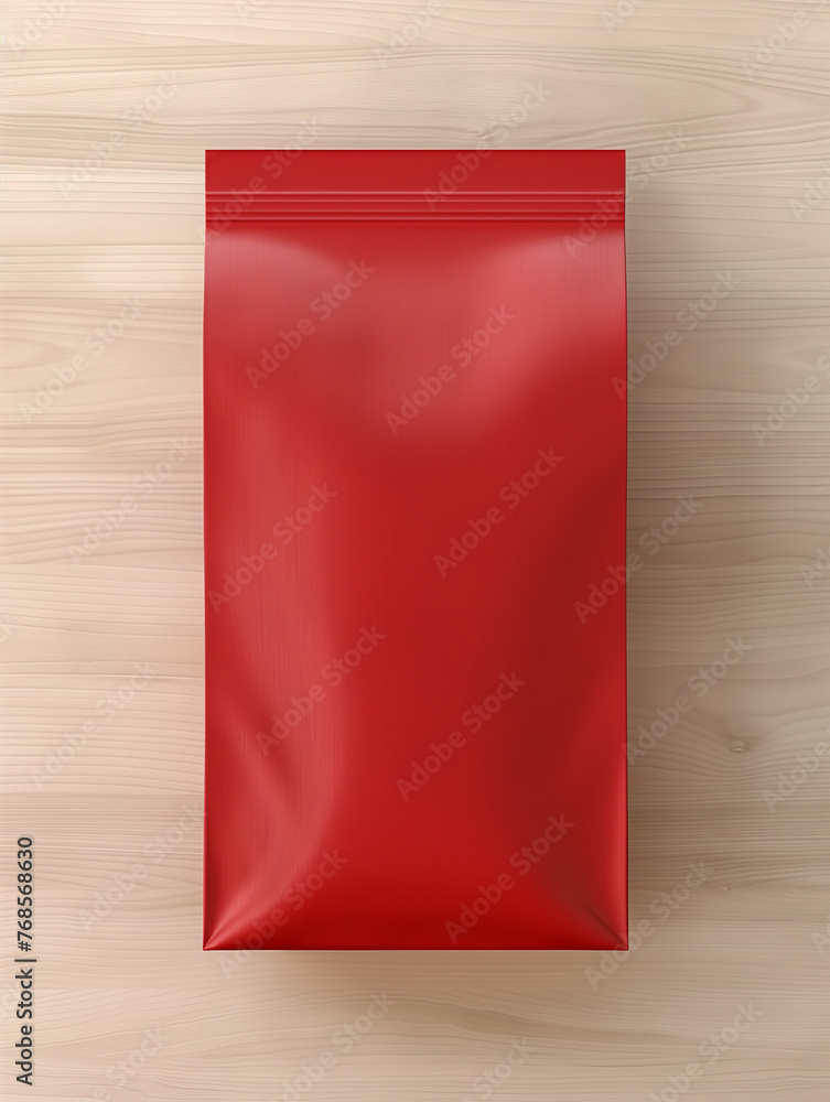 Red foil food bag on wooden background 3d illustration