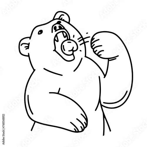 Bear eating dumpling. Young Bear sits in restaurant or cafe and holds fork. Doodle character.
