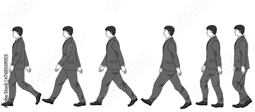歩くビジネスマン男性のモノクロのイラスト コマ送り バリエーション