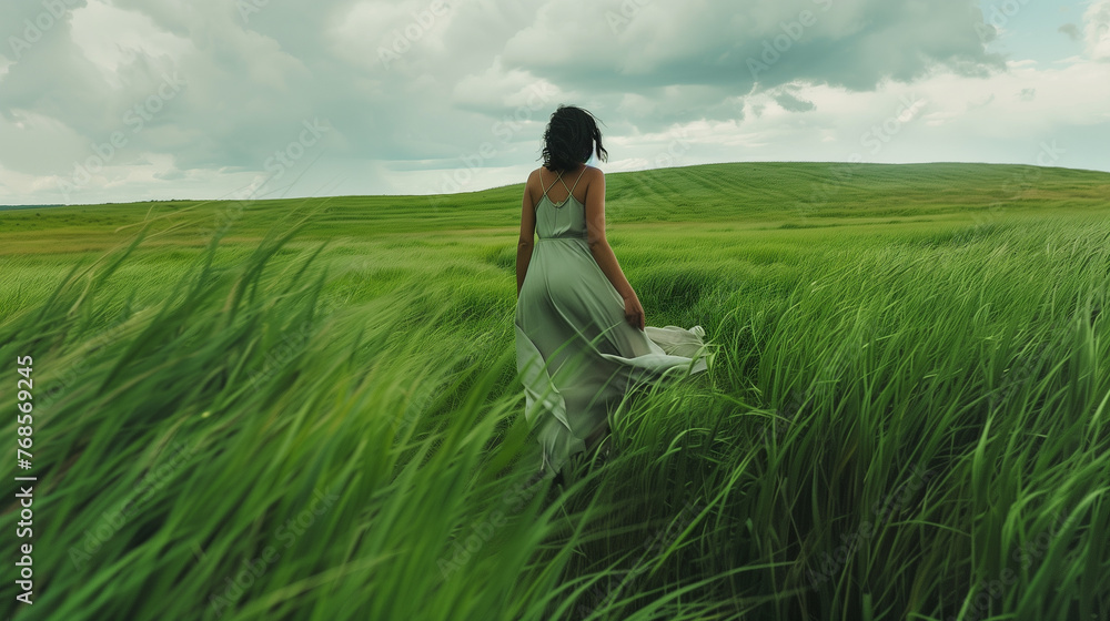 Woman walking in green windy field with tall grass wearing long dress. Woman walking in green windy field with tall grass wearing long dress.