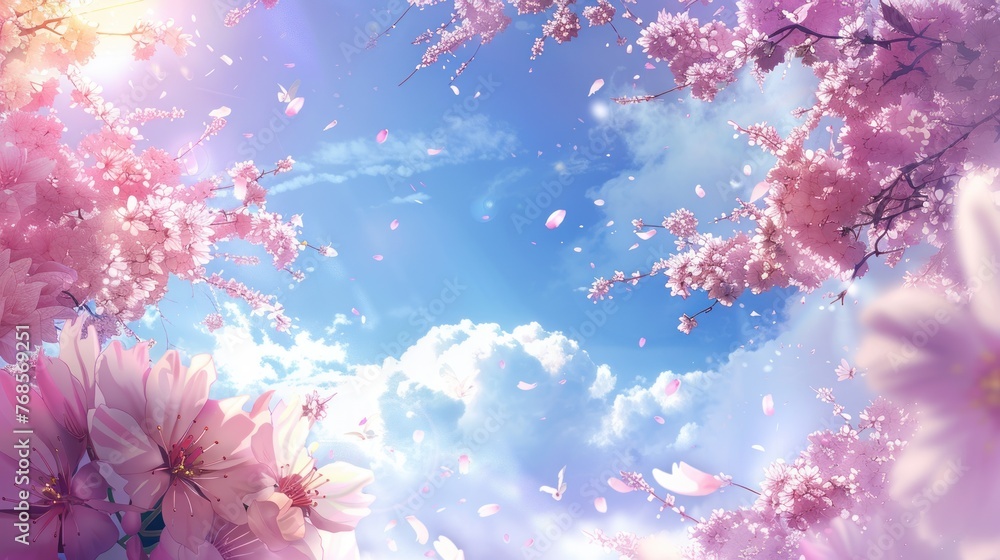 With fluffy clouds dotting the bright blue sky, scattered petals dance in the air around the cherry blossom branches. With fluffy clouds dotting the bright blue sky, scattered petals dance in the air around the cherry blossom branches.