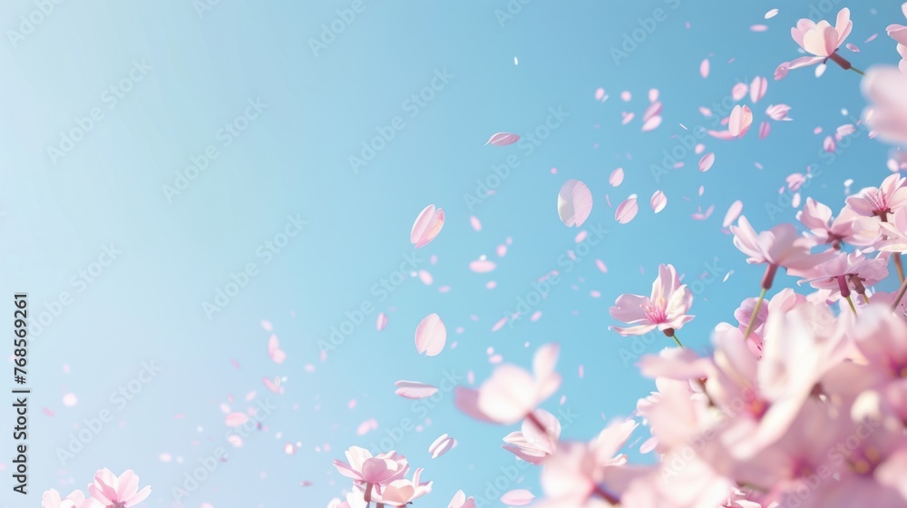 A radiant Cherry Blossom Festival scene, where the soft pink petals contrast with a clear blue sky, laid out in a banner format with a large,  spring celebrations