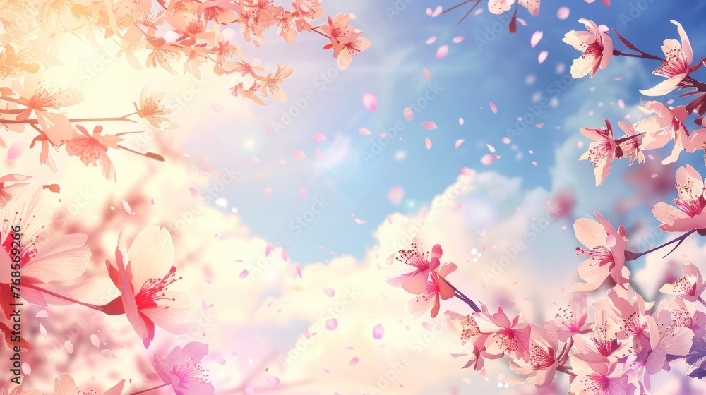 Scattered petals in the air surround cherry blossom branches, set against a bright blue sky adorned with fluffy clouds.