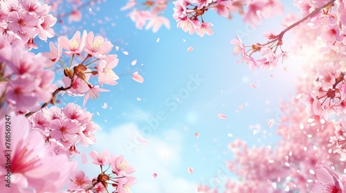 With the bright blue sky and fluffy clouds as a backdrop, cherry blossom branches stand out, accompanied by scattered petals floating in the air.