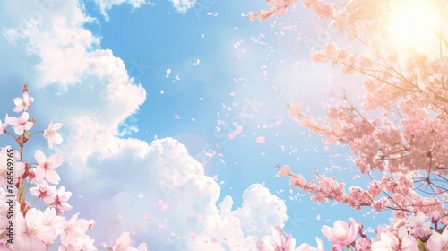 Cherry blossom branches against a bright blue sky with fluffy clouds and scattered petals in the air. © Arunrat