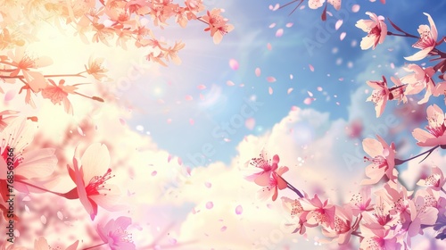 Scattered petals in the air surround cherry blossom branches  set against a bright blue sky adorned with fluffy clouds.