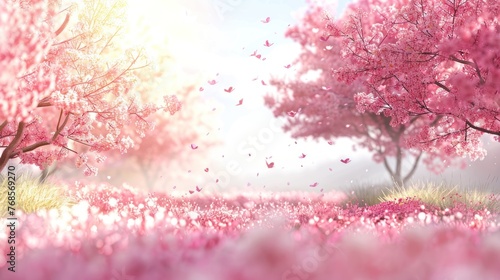 A vivid depiction of a cherry blossom canopy, illuminated by sunlight, with the design including a spacious area for inserting text, encapsulating the joyful essence of Cherry Blossom Festivals