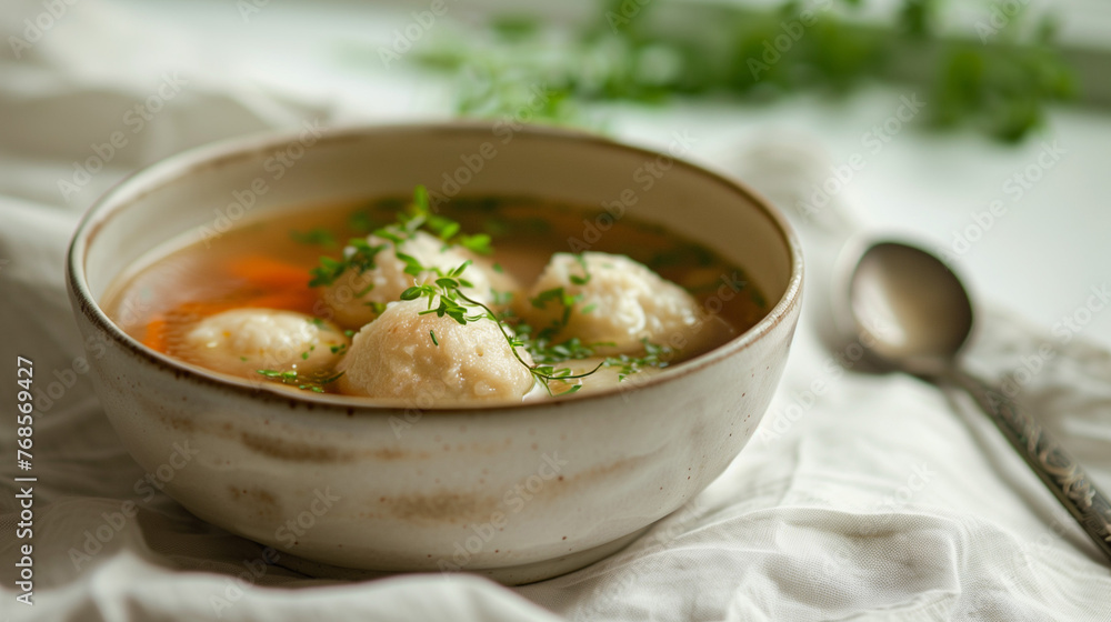 Matzah ball soup served in a ceramic bowl, garnished with fresh herbs, set on a white linen tablecloth providing a clean background with empty space for text Matzah ball soup served in a ceramic bowl, garnished with fresh herbs, set on a white linen tablecloth providing a clean background with empty space for text