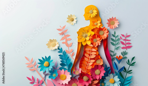 Abstract  flower and woman design in the style of papercut for backdrop  wallpaper or graphic poster advertising with copyspace. Rainbow  layers and craft template for background  banner or mockup