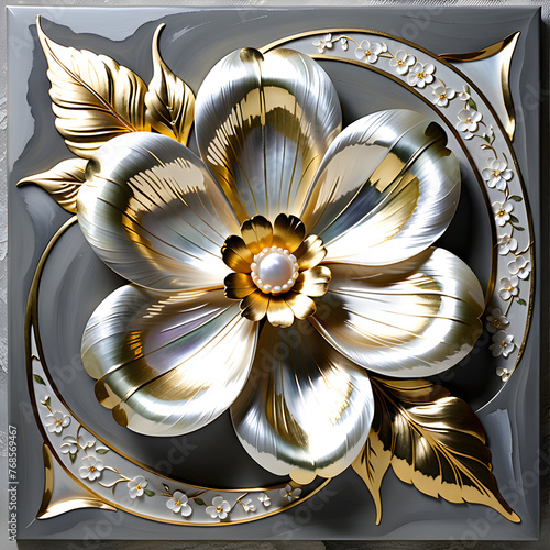 High-quality artwork mother-of-pearl silver white lacquerware and gold a flower with meticulous design by devoid of shine.(Generative AI) photo