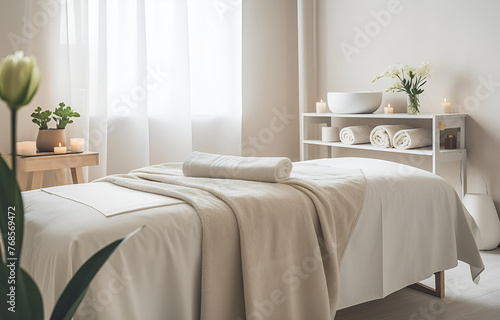 Towels and candles on massage table in spa salon. Place for rela