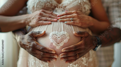 Husband embraces pregnant wife in black heart-patterned shirt from behind, showcasing love and support.