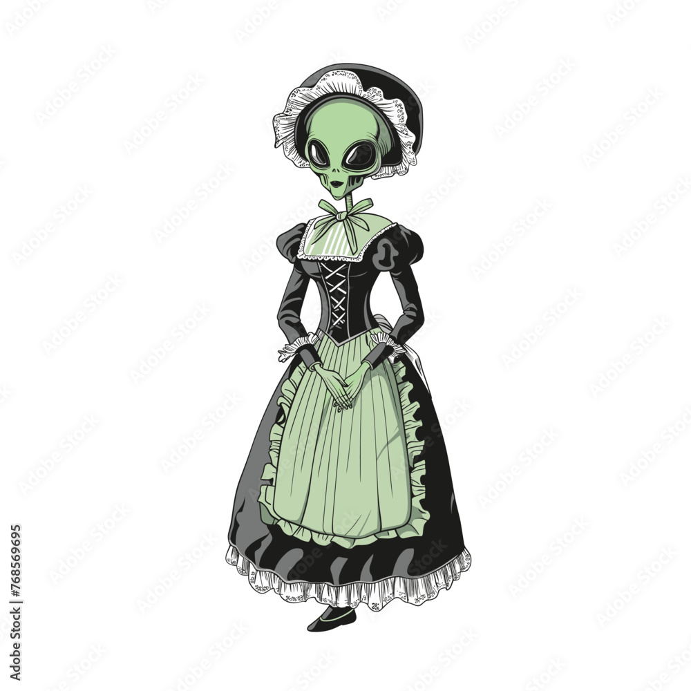 alien with a green head dons a french maid dress