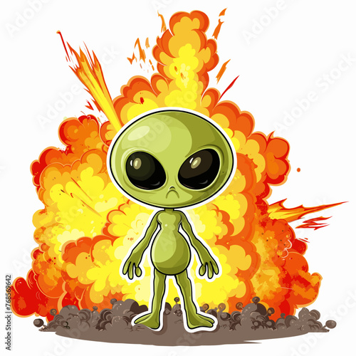 A green alien stands shocked before a fiery explosion, a dramatic scene of surprise and chaos.
