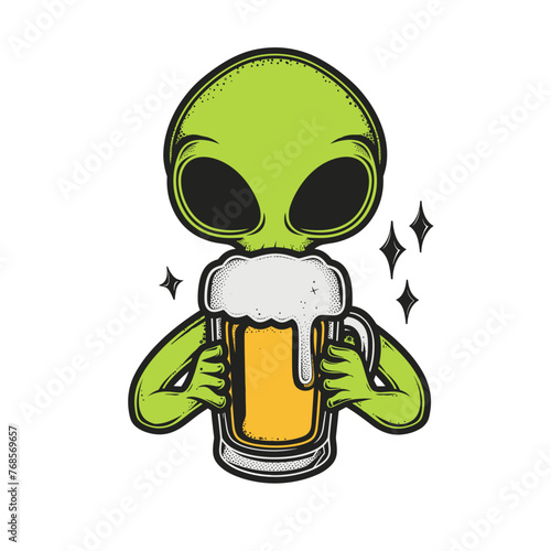 A green alien holds a beer, its big black eyes