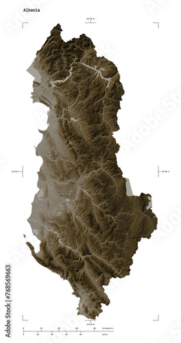 Albania shape isolated on white. Sepia elevation map