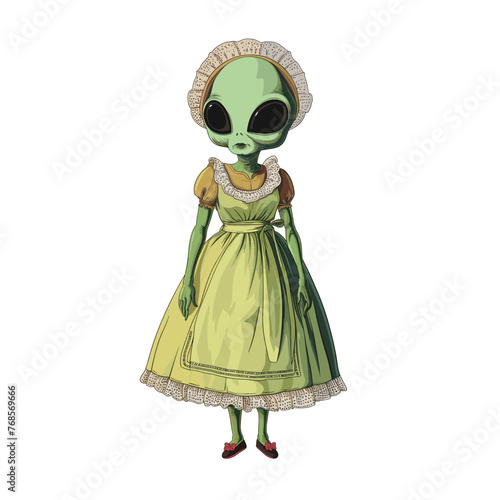alien with a green head dons a french maid dress photo